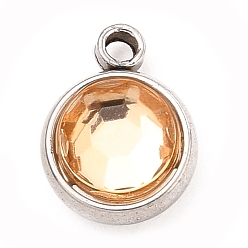 Топаз 304 прелести нержавеющей стали, с акриловыми стразами, очарование камня, граненые, плоско-круглые, цвет нержавеющей стали, топаз, 10x8x4 мм, отверстие : 1.3 мм