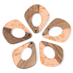 Dark Salmon Transparent Resin & Walnut Wood Pendants, with Gold Foil, Teardrop, Dark Salmon, 32.5x27.5x3mm, Hole: 2mm