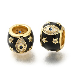 Черный Реечное покрытие латунь микро паве кубический цирконий европейские бусины, с эмалью, бусины с большим отверстием, без свинца и без кадмия, реальный 18 k позолоченный, бочка со сглазом, чёрные, 14x10 мм, отверстие : 7.5 мм