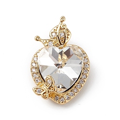 Прозрачный Настоящие позолоченные подвески из латуни с микропаве из прозрачного кубического циркония, со стеклом, долговечный, без кадмия и без свинца, шарм сердце и бабочка, прозрачные, 18 мм, отверстие : 23x15x9 мм