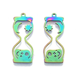 Rainbow Color Ionenbeschichtung (IP) 201 Edelstahlanhänger, Sanduhr, Regenbogen-Farb, 32.5x13x1.5 mm, Bohrung: 1.5 mm