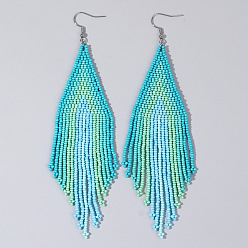 Светло-Голубой Серьги-кисточки из стеклянного бисера ручной работы, С 304 результатами из нержавеющей стали, стрелка шаблон, платина, Небесно-голубой, 140x37 мм