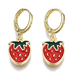 Red Brass Enamel Huggie Hoop Earrings, Nickel Free, Strawberry, Real 16K Gold Plated, Red, 27.5x10.5mm, Pin: 1mm