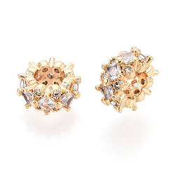 Настоящее золото 18K Латунные микро проложить Цирконий Европейский бисером, бусины с большим отверстием, без кадмия, без никеля и без свинца, плоско-круглые, прозрачные, реальный 18 k позолоченный, 9x4.5 мм, отверстие : 4 мм