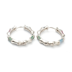 Платинированный Серьги-кольца из латуни с микро-паве из фианита, кольцо с бамбуковой палкой, красочный, Реальная платина, 25x24.5x4 мм, штифты : 1 мм