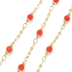 Оранжево-Красный Латунные круглозвенные цепи, со стеклом, реальный 18 k позолоченный, пайки, без кадмия, без никеля и без свинца, с катушкой, оранжево-красный, 12.5x4x4 мм