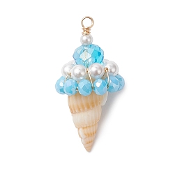 Небесно-голубой Подвески из ракушек и стекла, очарование мороженого, с экологически чистой медной проволокой, голубой, 32~34x16~17.5x8 мм, отверстие : 2.3 мм