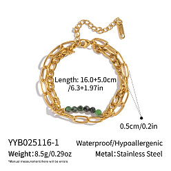 Зеленый Авантюрин 304 двухслойные браслеты из нержавеющей стали со скрепками и цепочками Фигаро, украшения из натурального зеленого авантюрина для женщин, 6-1/4 дюйм (16 см)