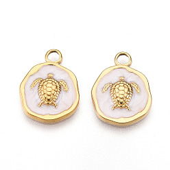 Белый 304 подвески из нержавеющей стали, с эмалью, плоский круглый с подвесками в виде черепахи, ионное покрытие (ip), реальный 18 k позолоченный, белые, 16.5x13x2.5 мм, отверстие : 2.5 мм