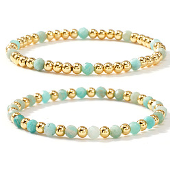 Амазонит 2шт. 2 стили браслетов из натуральных бусин амазонита, эластичные, составные браслеты для женщин, круглые, 6.89 дюйм (17.5 см)