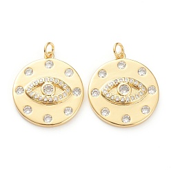 Прозрачный Латунные микро проложить кубического циркония подвески, долговечный, реальный 18 k позолоченный, плоские круглые с глаз, прозрачные, 22x20x3.5 мм, отверстие : 3 мм
