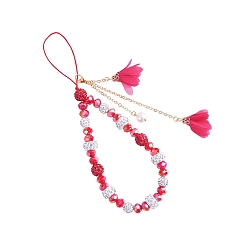 Красный Ремешок-цепочка из полимерной глины со стразами и стеклянными бусинами, с шифоновой цветочной кисточкой, ремешок на запястье для защиты от потери мобильного телефона, для кошелька для ключей от машины телефонные принадлежности, красные, 12 см