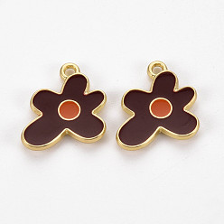Coconut Brown Rack Plating Light Gold Alloy Enamel Pendants, Cadmium Free & Lead Free, Flower, Coconut Brown, 17x16x2mm, Hole: 1.6mm