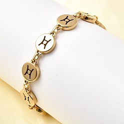 Близнецы 12 созвездия 304 браслеты из нержавеющей стали, ионное напыление (IP) для женщин, плоско-круглые, реальный 18 k позолоченный, Близнецы, 8-3/8 дюйм (21.4 см)