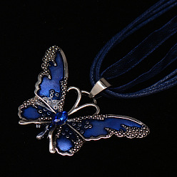 Темно-Синий Кулон в виде бабочки из эмалевого сплава, полиэстеровая лента, вощеный шнур, многорядное ожерелье, платина, темно-синий, 17.72 дюйм (45 см)