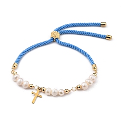 Небесно-голубой Регулируемые нейлоновые браслеты-слайдеры, Боло браслеты, с натуральным жемчугом, 304 бусины крестики и бусины из нержавеющей стали, голубой, внутренний диаметр: 1-5/8~3-7/8 дюйм (4~10 см)