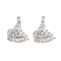 Platinum Brass Micro Pave Clear Cubic Zirconia Pendants, Swan Charms, Platinum, 18.5x18.5x6mm, Hole: 5x2mm