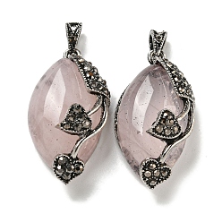Розовый Кварц Подвески в виде конского глаза из натурального розового кварца, подвески в форме сердца из сплава со стразами и листьями, античное серебро, без кадмия и без свинца, 31x16x11.5 мм, отверстие : 5x3 мм