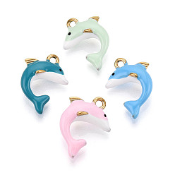(52) Непрозрачная лаванда Ионное покрытие (ip) 304 подвески из нержавеющей стали с эмалью, дельфин, без свинца и без кадмия, реальный 18 k позолоченный, разноцветные, 21x16x8 мм, отверстие : 1.8 мм