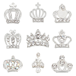 Silver 36Pcs 9 Style Nail Art Rhinestones, DIY Glitter Charm 3D Crown Cabochons, Silver, 7~16x9~10.5x2~4mm, 4pcs/style