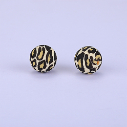 Brown Printed Round with Leopard Print Pattern Silicone Focal Beads, Brown, 15x15mm, Hole: 2mm