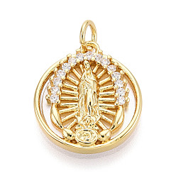 Настоящее золото 18K Латунные микропаве прозрачные подвески с фианитом, без кадмия и без свинца, с оболочкой, плоский круглый с Иисусом Марией католический, с целью перехода в кольце, реальный 18 k позолоченный, 17.5x15.5x3.5 мм, отверстие : 3.5 мм