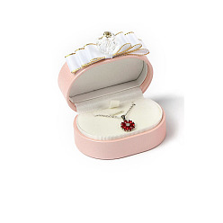 Pink Oval PU Leather Jewelry Pendant Gift Storage Boxes with Bowknot, Pink, 8x8x4cm
