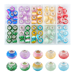Gemischte Farbe Backfarbe Glas European Beads, großes Loch Rondell Perlen, mit Platin-Ton Messing Doppeladern, Ton zwei, facettiert, Gemischte Farbe, 14x10.5 mm, Bohrung: 5 mm, 80 Stück / Karton