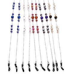 Stainless Steel Color 304 Stainless Steel Eyeglasses Chains, Neck Strap for Eyeglasses, with Cable Chains, Glass Beads, Natural Gemstone Round Beads and Rubber Loop Ends, Mixed Color, Stainless Steel Color, Stainless Steel Color, 33.07 inch(84cm)