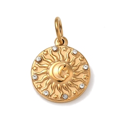 Золотой 304 подвески из нержавеющей стали с прозрачным кубическим цирконием, плоская круглая форма с подвесками в виде солнца в виде камеи, золотые, 17x14.5x3 мм, Перейти кольцо: 7x1 мм, внутренний диаметр: 5 мм