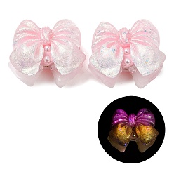 Pink Leuchtende, undurchsichtige Harz-, Strass- und Polymerclay-Perlen, Schleife, mit Glitzerpulver, Leuchten im Dunkeln, rosa, 32~34x39~41x22~24 mm, Bohrung: 2~3 mm