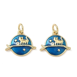 Морской Синий Латунь эмаль прелести, с целью перехода в кольце, плоский круглый с кошачьим шармом, реальный 18 k позолоченный, Marine Blue, 12.5x14.5x2 мм, отверстие : 3.5 мм