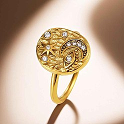 Золотой 304 женские кольца из нержавеющей стали и кубического циркония, звезда и луна и дурной глаз, золотые, размер США 7 (17.3 мм)