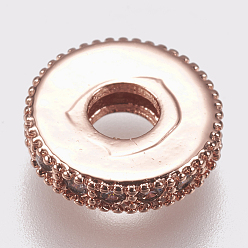 Rose Gold Brass Micro Pave Cubic Zirconia Bead Spacers, Flat Round, Clear, Rose Gold, 8x2mm, Hole: 3mm