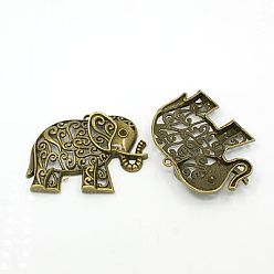 Античная Бронза Тибетский сплав стиля большие кулоны, без свинца, без никеля и без кадмия, слон, античная бронза, 64.5x49x9 мм, отверстие : 3 мм