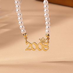 Number Женские ожерелья из круглого белого бисера с имитацией жемчуга и подвеской в виде короны в виде года рождения, золотые, число 2008, 14.96 дюйм (38 см)