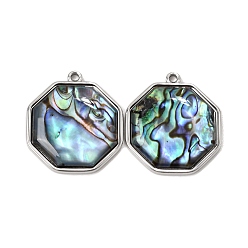 Hexagon 304 Stainless Steel & Natural Paua Shell Pendants, Stainless Steel Color, Hexagon Charm, 28x25.5x4.5mm, Hole: 2mm