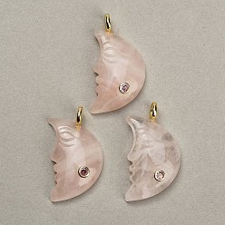 Rose Quartz Natural Rose Quartz Pendants, Moon Charms, with Brass Pave Cubic Zirconia Findings, Golden, 40~42x22~24x7~8mm, Hole: 4.5mm