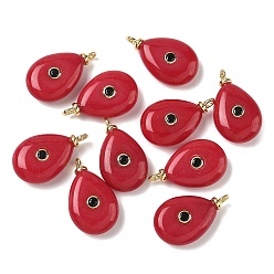 Белый Нефрит Крашеные натуральный белый нефрит подвески, подвески в форме слезы с латунной микрофиброй из кубических цирконий, долговечный, стойки покрытие, реальный 18 k позолоченный, без кадмия и без свинца, красные, 22.5~25x12.5~15x5.5~6.5 мм, отверстие : 2.5 мм