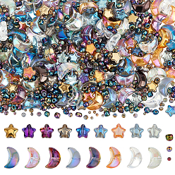 (52) Непрозрачная лаванда 160 шт гальванические стеклянные бусины нити, Луна и звезды, с 600шт. 3 видами круглых стеклянных бисеринок, разноцветные, 9x14x7 мм, отверстие : 0.9 мм