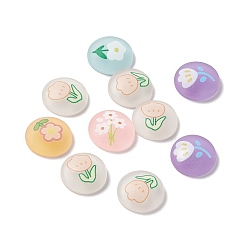 Mixed Color Flat Round with Flower Pattern Frosted Resin Cabochons, Mixed Color, 17.5x5.5mm