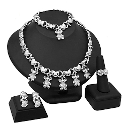 Платина Комплект из цепочки-цепочки со стразами и колье из сплава медведя, браслета, сережек-гвоздиков и колец, платина, 430 мм & 30x10 мм & 192 мм & 18 мм