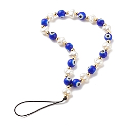 Blue Handmade Evil Eye Lampwork Mobile Straps, with ABS Plastic Imitation Pearl Beads and Brass Beads & Nylon Thread, Blue, 18cm