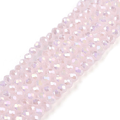 Розовый Стеклянные бусины с гальваническим покрытием , имитация нефрита, с покрытием AB цвета, граненые, рондель, туманная роза, 2.3~2.7x1.5 мм, отверстие : 0.4 мм, около 135~140 шт / нитка, 26~27 см