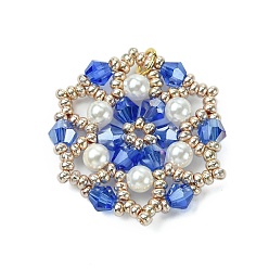 Royal Blue Glass Seed Beaded Flower Pendants, with Glass & Shell Pearl Beads & Loop, Royal Blue, 29.5x27x4.5mm, Hole: 3.5mm