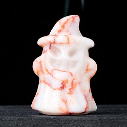 Камень Сетки Хэллоуин натуральный сетчатый резной призрак со шляпой, статуэтки, статуи для домашнего офиса, украшение для рабочего стола, 25~30x38~40 мм