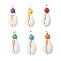 (52) Непрозрачная лаванда Подвески из натуральной ракушки каури и круглой окрашенной синтетической бирюзы, с обмоткой из медной проволоки, платина, разноцветные, 33x13.5x8 мм, отверстие : 3 мм