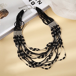 Черный Многорядные ожерелья из стеклянных бусин в стиле бохо, с фурнитурой платина железная, чёрные, 20.87 дюйм (53 см)