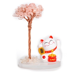 Rose Quartz Natural Rose Quartz Chips Tree Decorations, Plastic Lucky Cat with Copper Wire Feng Shui Energy Stone Gift for Women Men Meditation, 80mm