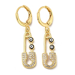 Black Golden Brass Dangle Leverback Earrings, with Enamel and Cubic Zirconia, Safety Pin with Evil Eye, Black, 36.5x8mm